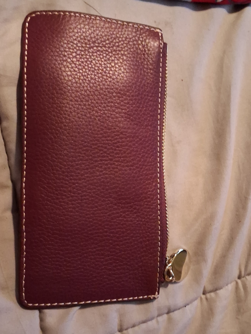 Long Zip Wallet in Deep Plum Leather with Gold Accent